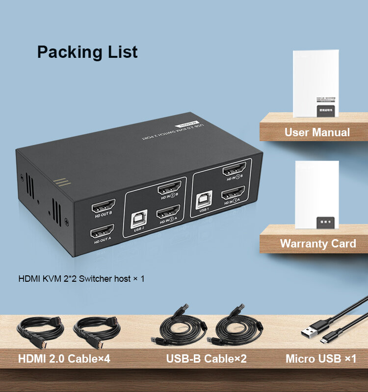 듀얼 모니터 KVM 스위치, HDMI 2 포트, 4K, 2 PC, 2 모니터 스위치, HDMI 2.0, HDCP2.2, HDMI 케이블 4 개, USB 케이블 2 개 포함, USB2.0