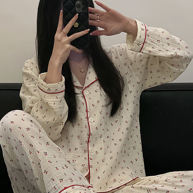 Love Printing Women's Pajama  Korean Version Ins Popular Cotton Cardigan Long Sleeved Pants Sweet Internet Famous Sleepwear Set