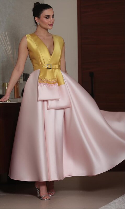 Fashion V-neck Ball Gown Anke Length Evening Dresses Sequin Satin Formal Occasion Gown luxury dresses wedding partyплатье с перь