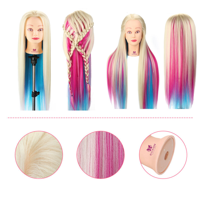 Neverland-cabeza de maniquí de pelo sintético colorido para peinados, cabeza de entrenamiento de peluquería, accesorios de abrazadera para muñeca