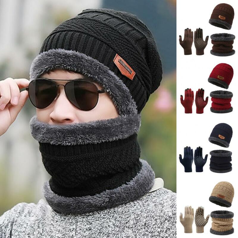Winter Hat Set Non-slip Gloves Men's Winter Hat Scarf Gloves Set Thick Knitted Warm Outdoor Cycling Cap with Windproof Neck Wrap
