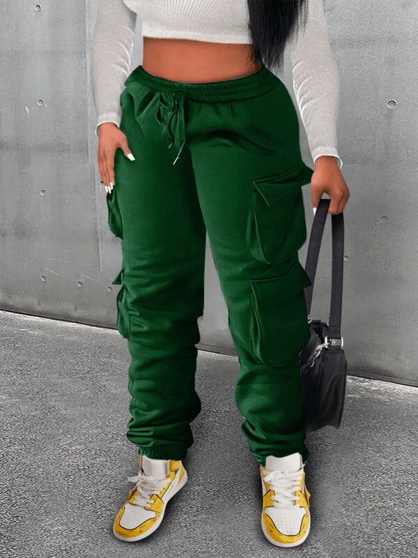 LW ธรรมดา Sweatpants กระเป๋าด้านข้างสายรัดกางเกงผู้หญิงคาร์โก้ยืดอินเทรนด์สบายๆกางเกง