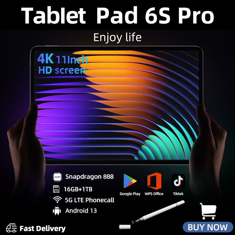 Pad 6S Pro Versão Global Original, Android 13, Snapdragon 888, 11 ", 16GB + 1024GB, 10000mAh, 5G, Dual SIM, WiFi, HD, 4K, 2022