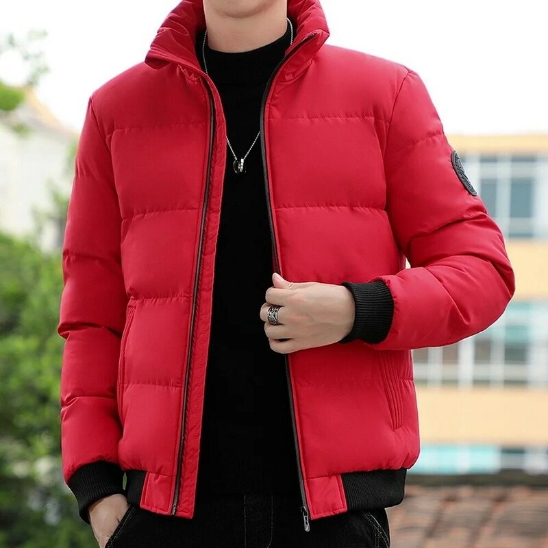 Jaket Puffer Pria Kerah Tegak Kasual Pakaian Jalanan Katun Empuk Tebal Mantel Hangat Ringan Pakaian Jalan Pria