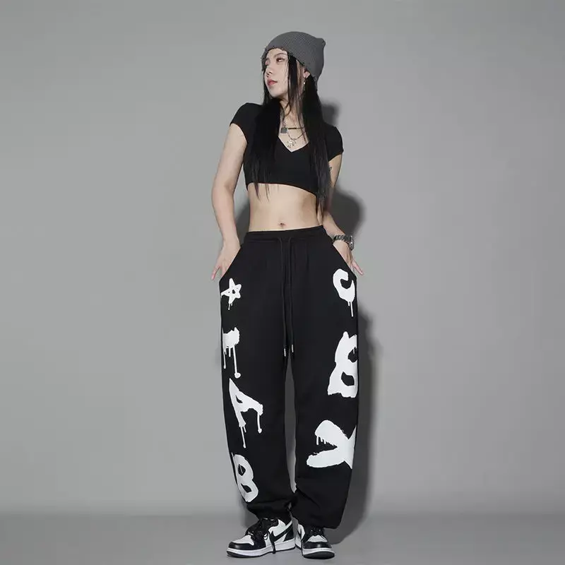 Celana Ketat Longgar Jazz Gaya Amerika Euro Gambar Cetak Huruf Celana Kaki Lebar Trendi Keren Olahraga Tari Hip-Hop Anak-anak Streetwear Wanita