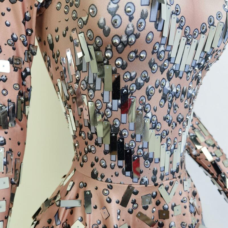 Gaun Pendek Berlian Imitasi Cermin Perak Gemerlapan Gaun Ulang Tahun Malam Wanita Lengan Panjang Pakaian Pakaian Pesta Seksi