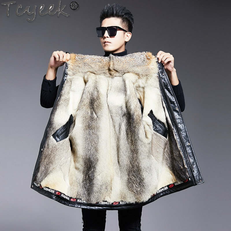 Tcyeek-男性用の本物のオオカミの毛皮の裏地,冬用のシープスキン,本革のジャケット,暖かい服,自然なキツネの毛皮の襟,コート