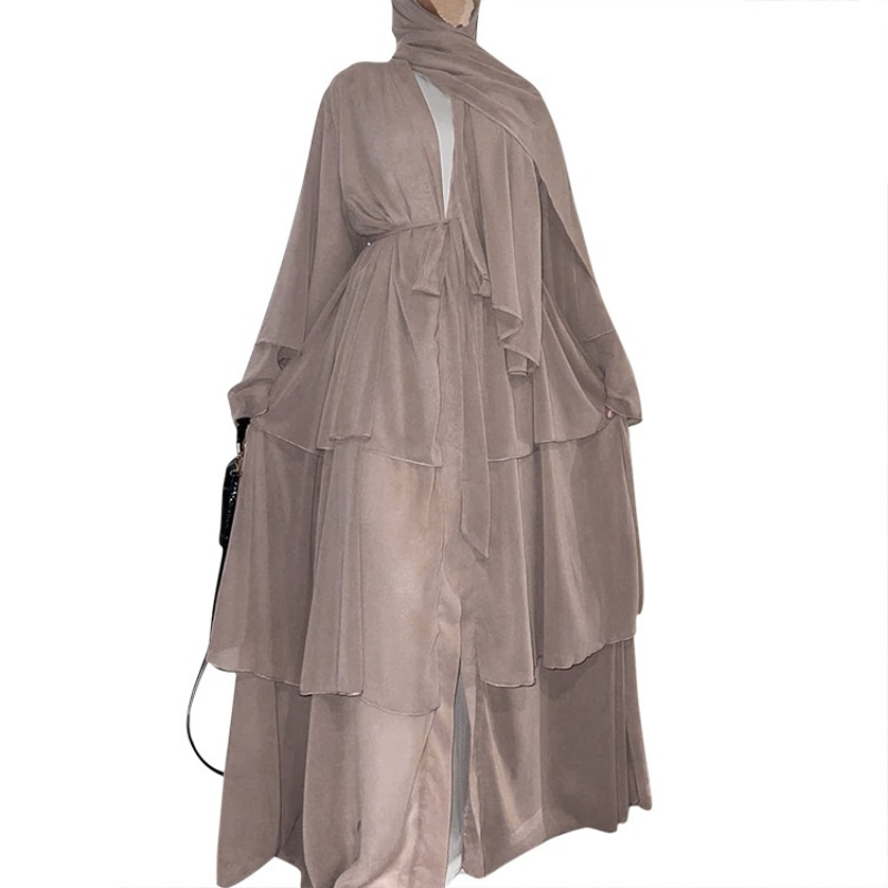 Fashion Stitching Three-layer Chiffon Elegant Cardigan Muslim Dress Solid Color Robe Hijab Tunique Femme Musulman