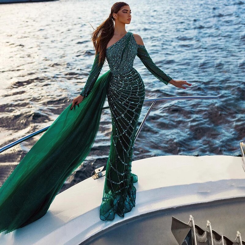 Emerald Green One Shoulder Mermaid Evening Dress with Overskirt Long Sleeves Luxury 2024 Dubai Wedding Party Gowns