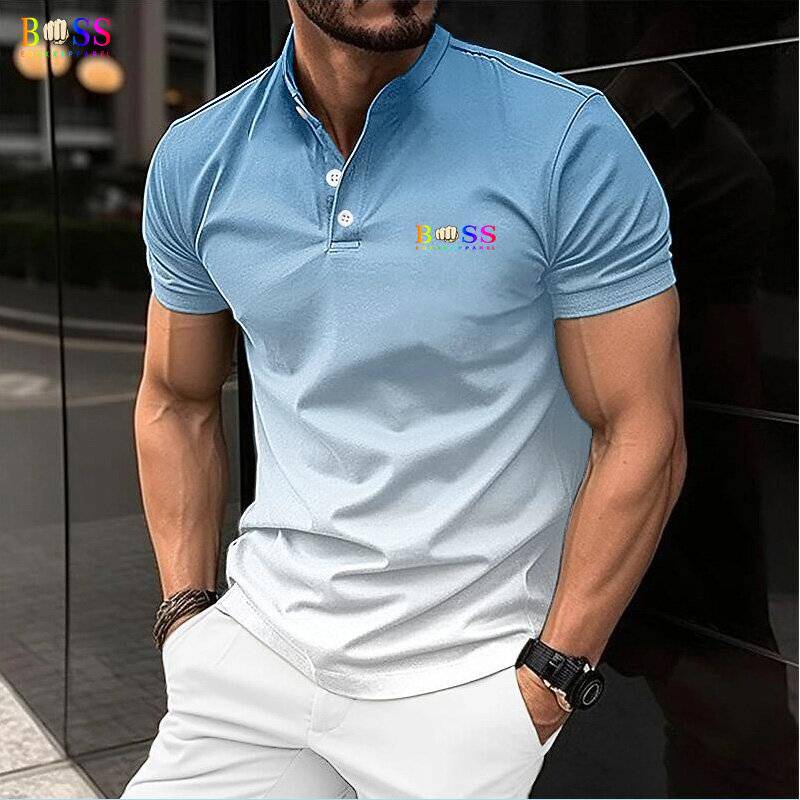 Camiseta esportiva simples solta masculina, camisa na moda europeia e americana, camisa POIO com botão de contraste primavera e verão