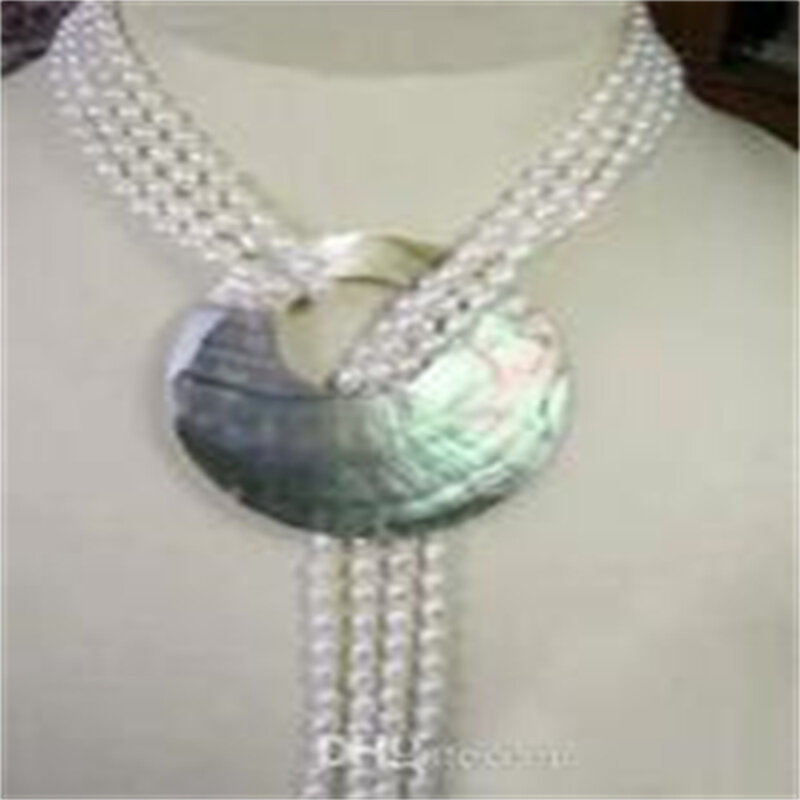 6-7MM White Akoya Cultured Pearl Necklace Shell Pendant 48"