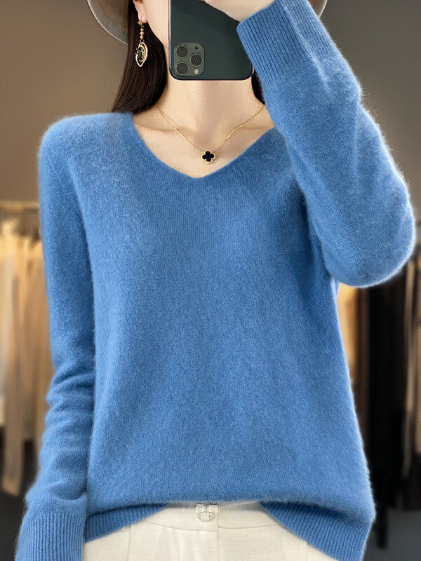 Aliselect Fashion 100% Merino Sweater wol wanita V-Neck lengan panjang Jumper Dasar musim semi musim gugur pakaian musim dingin atasan rajut