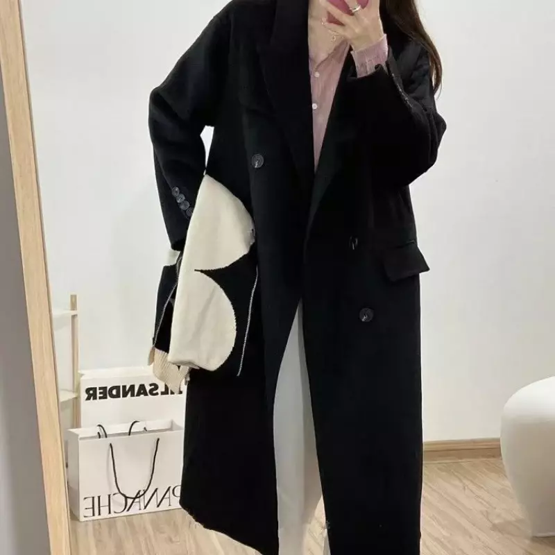 Осень-зима 2022, женская одежда в Корейском стиле, шерстяное пальто высокого качества, двустороннее кашемировое пальто, двубортное пальто с длинным рукавом