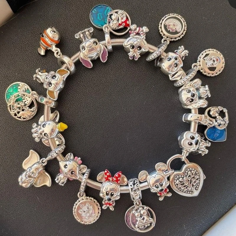 Disney jahitan hewan Minnie Mickey 925 perak murni wanita Pandora DIY perhiasan asli jimat manik-manik untuk liontin hadiah perhiasan
