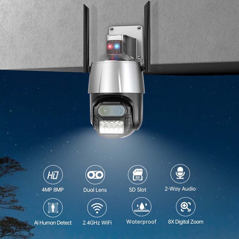 8MP 4K Outdoor Wifi Camera with Anti-theft Siren Alarm Dual Lens 8X Zoom PTZ Surveillance Security Camera CCTV IP Camera iCsee