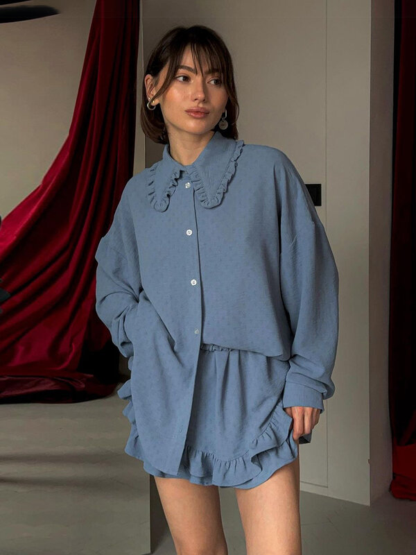 Marthaqiqi Loose Female Sleepwear Set Peter Pan Collar Pajamas Long Sleeve Nightgowns Shorts Casual Blue Nightwear 2 Piece Suit