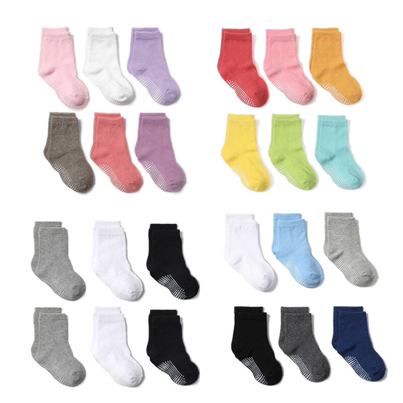 6 Pairs/lot Cotton Sock with Rubber Grips Children's Anti-slip Boat Socks for Boys Girl 1-7 Years