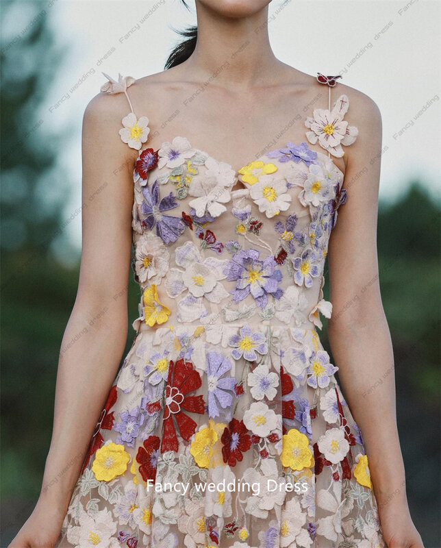 Vestido de novia de encaje con flores 3D, vestido de novia elegante, longitud hasta el suelo, hecho a medida, primavera y verano