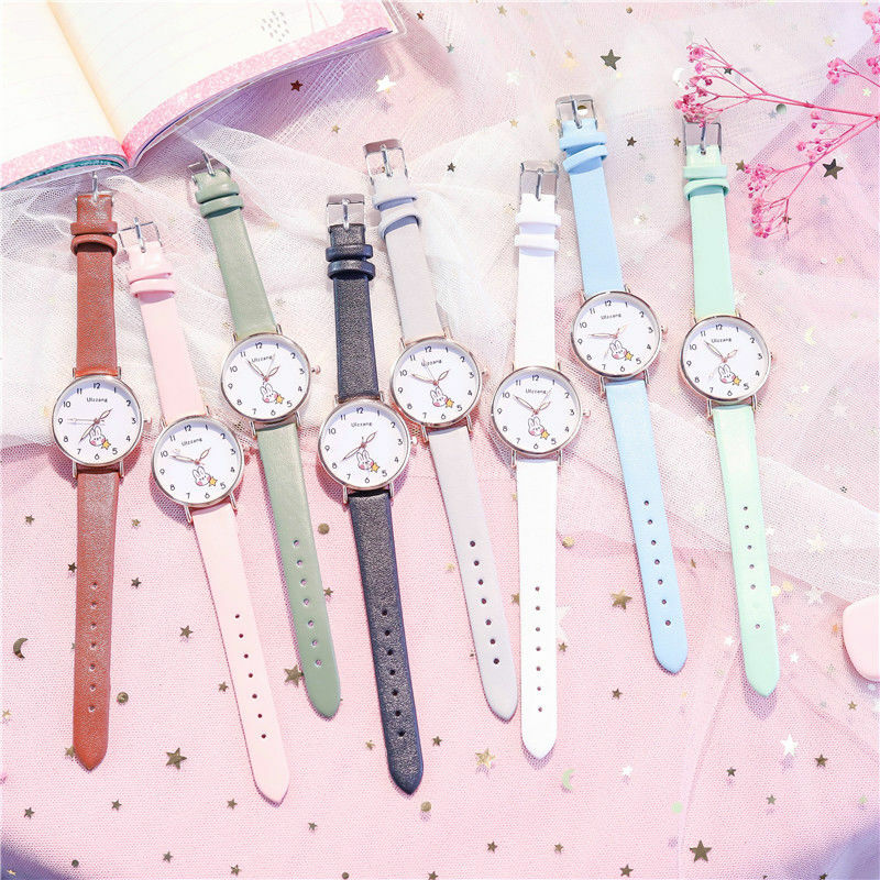 Conjunto de reloj con pulsera para niñas, relojes analógicos luminosos de cuarzo y cuero con esfera de conejo para estudiantes, regalo de cumpleaños