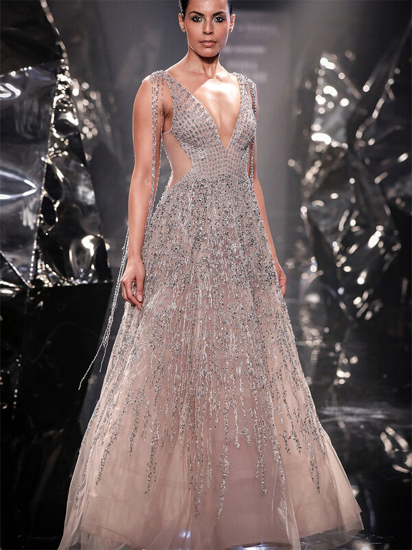 Sexy V-neck Beading A-Line Prom Dress 2024 Shiny Evening Dresses Classic Sleeveless Floor-Length Gown Vestidos De Novia