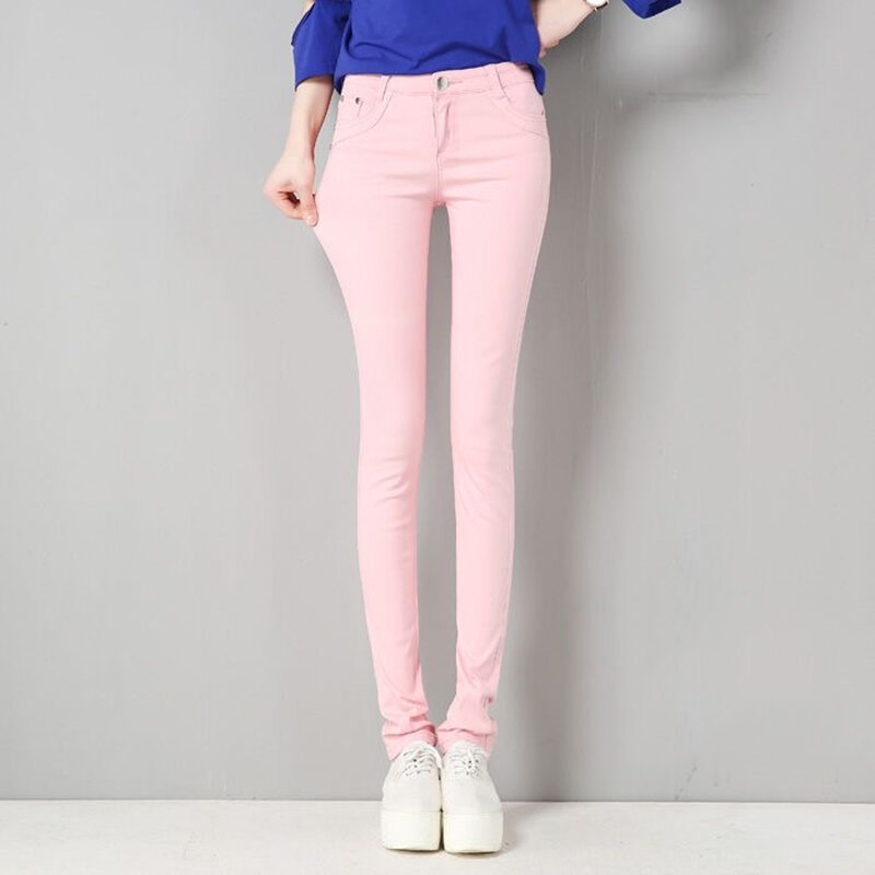 Jeans lápis stretch fino de grandes dimensões para mulheres, cores doces, calça jeans casual, leggings básicas, calça skinny de cintura média, 25-34