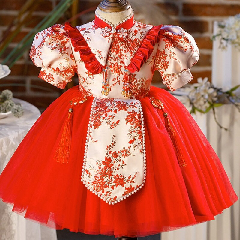 Vestido de princesa Cheongsam de bebé de estilo chino tradicional, fiesta de cumpleaños, lindo vestido de primavera y verano para niños
