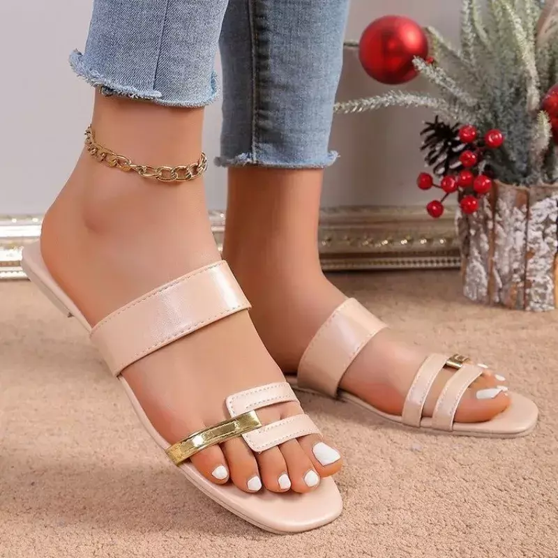Women's Square Toe Slippers New Summer Shoes for Women Outdoor Casual Plus Size Women's Open Toe Flat Slippers Women Sandals