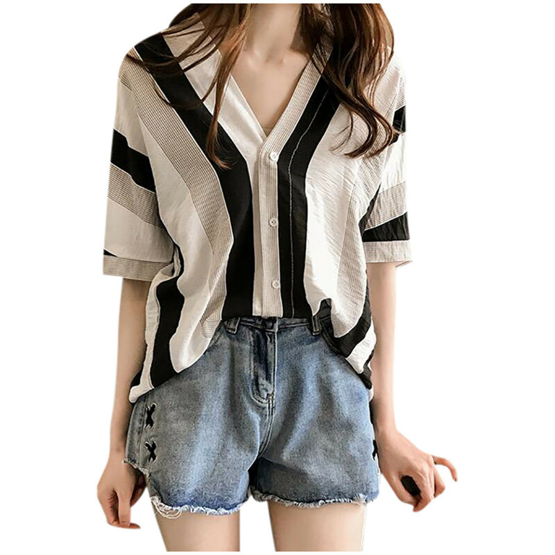 Korean Casual V-Neck Patchwork Striped Blouses Oversize Half Sleeve Basics Button Shirt Ladies Summer Loose Women's Clothing