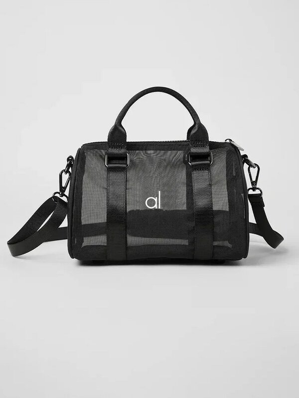 Al-yoga saco com logotipo completo, saco de malha preta, casual, portátil, para compras ao ar livre, armazenamento de maquiagem