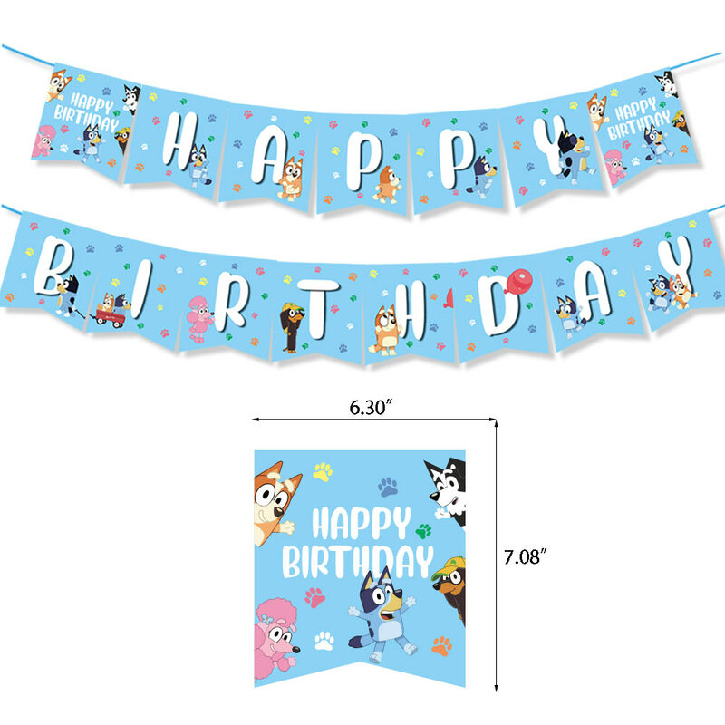 Cartoon Blueys Dog Birthday Party Supply Disposable Banner Cake Topper Hanging Flag Balloons Set Birthday Decorations