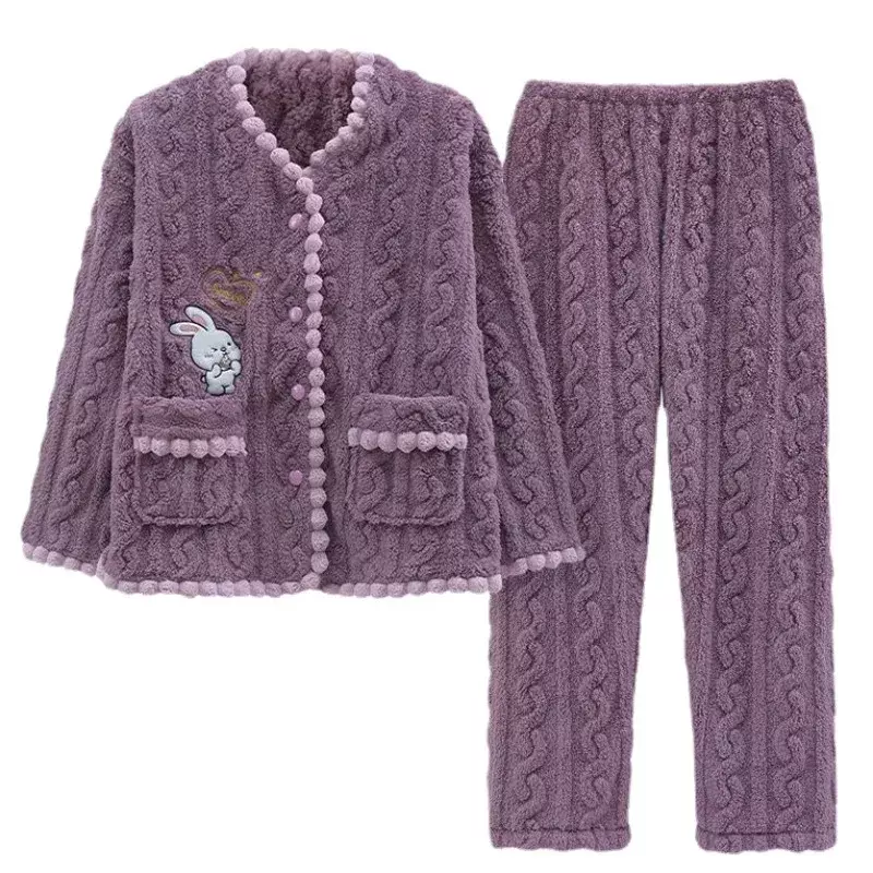 2024 neue Pyjama Damen Herbst Winter Korallen Fleece Lounge wear Flanell dicke Homewear große Plüsch warme V-Ausschnitt Nachtwäsche-Set