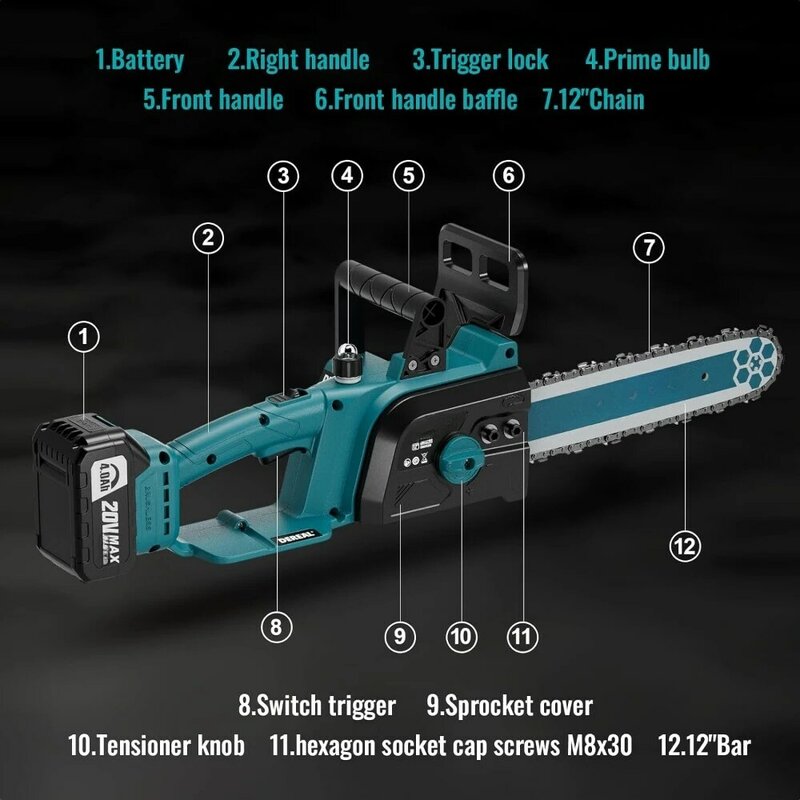 Electric Chainsaw Cordless, 20V Battery Power Chain Saw, 12" Mini Chainsaw Cordless Battery Chainsaw with 4.0Ah Battery