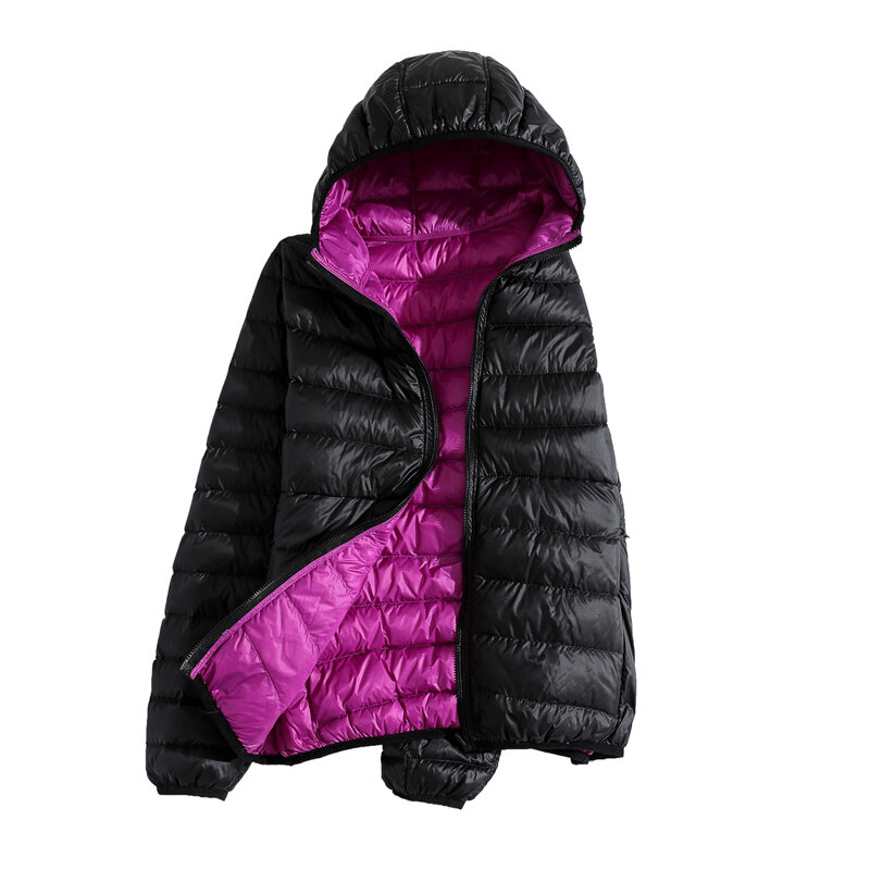 Woman Double Side Wear Hooded Jacket Ultra Light Duck Down Reversible Warm Outer Wear Coat