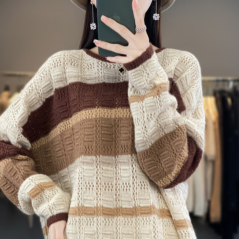 New autumn and winter 100% merino wool striped contrast hollow O-neck loose pullover sweater fashion high-end knit top
