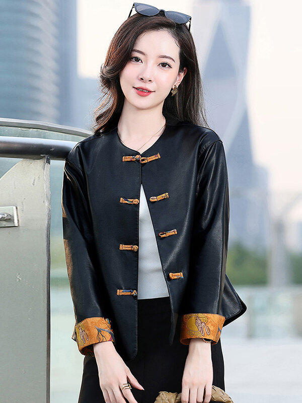 新しい女性の中国スタイルレザージャケット 春 秋 ファッションパッチワークデザインOネックシングルブレストショートコート スプリットレザー