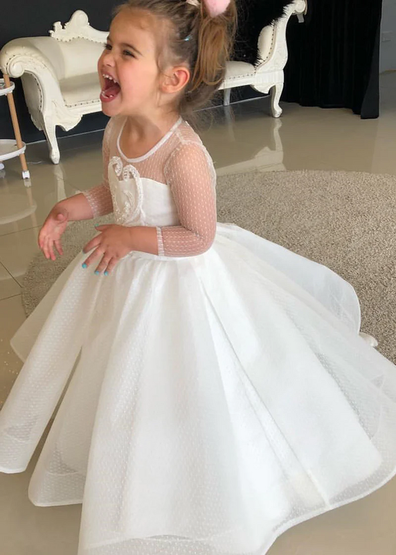 O-collo Tulle Flower Girl Dress pizzo manica lunga principessa prima comunione abito da ballo abito da sposa compleanno per bambini