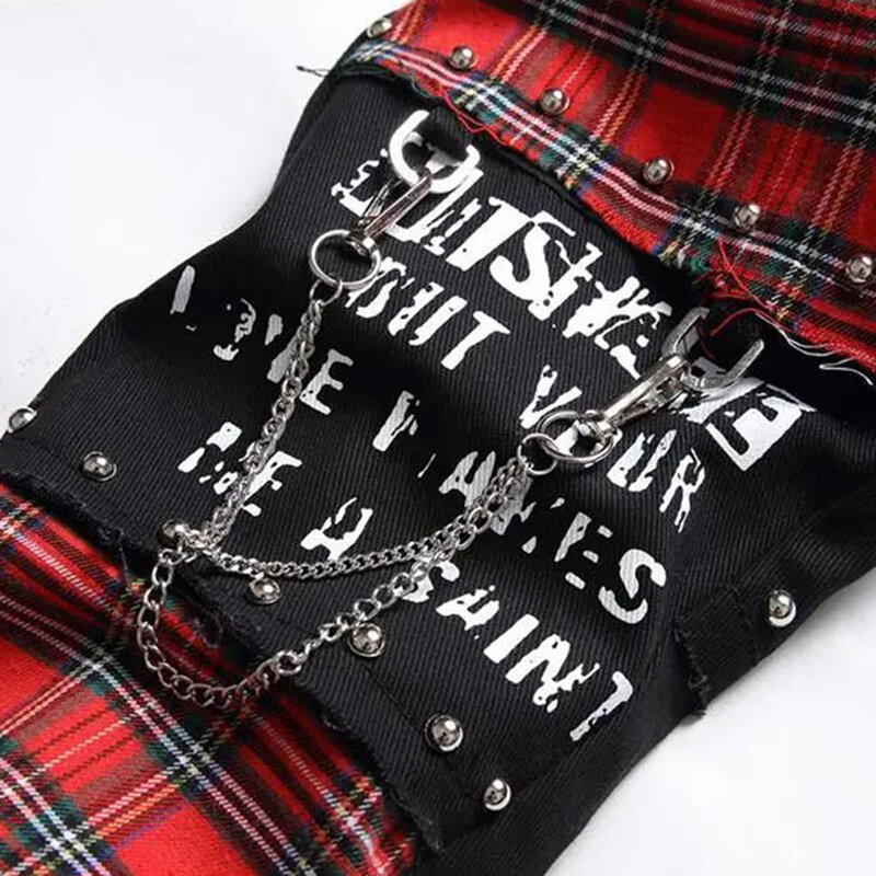 Men Jeans Punk Denim Pants Skull Patchwork Streetwear Hip Hop Harajuku  Plaid Fashion Slim Fit Print High Street Trousers