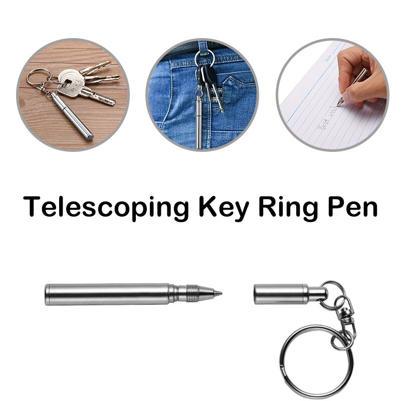 Portátil telescópica metal caneta esferográfica, chaveiro chaveiro, out porta, aço inoxidável, 1pc