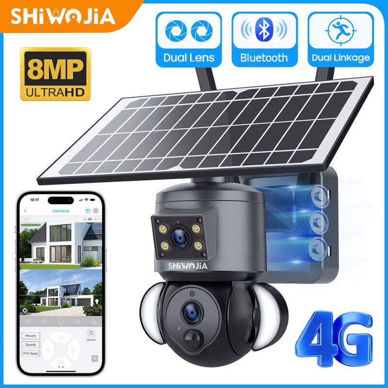 Shiwojia-屋外ソーラーセキュリティカメラ,デュアルレンズレコーディング,高度なAIトラッキング,カラーナイトビジョン,ptz cam,SIM,wifi,4k,8mp,4g