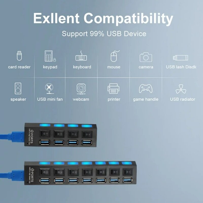 Alta Velocidade Multi Splitter com Interruptor de Lâmpada LED, Hub USB 3.0, Adaptador 2.0, Extensor Múltiplo, Expansor para PC, Laptop, 4 Portas, 7 Portas