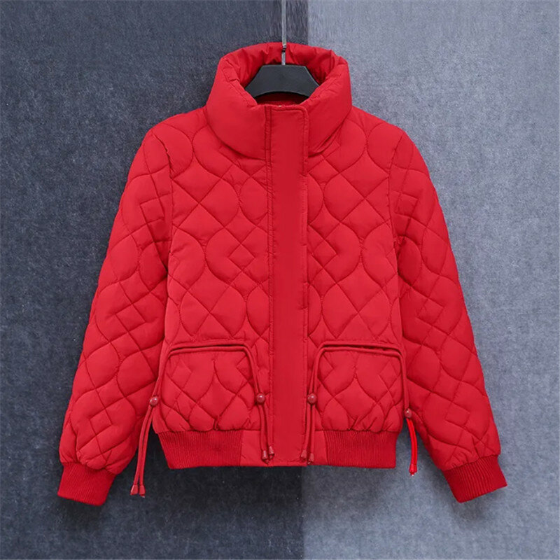 Winter Short Cotton Jacket Women 2023 New Loose Stand-Up Collar Coat Fashion Drawstring Outerwear Thicken Parka Overcoat Female