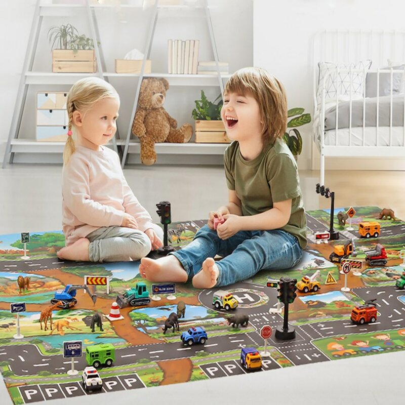 Alfombrillas de juego para bebés y niños pequeños, mapa de juego del Zoo, coche de juguete de animales, estera para gatear