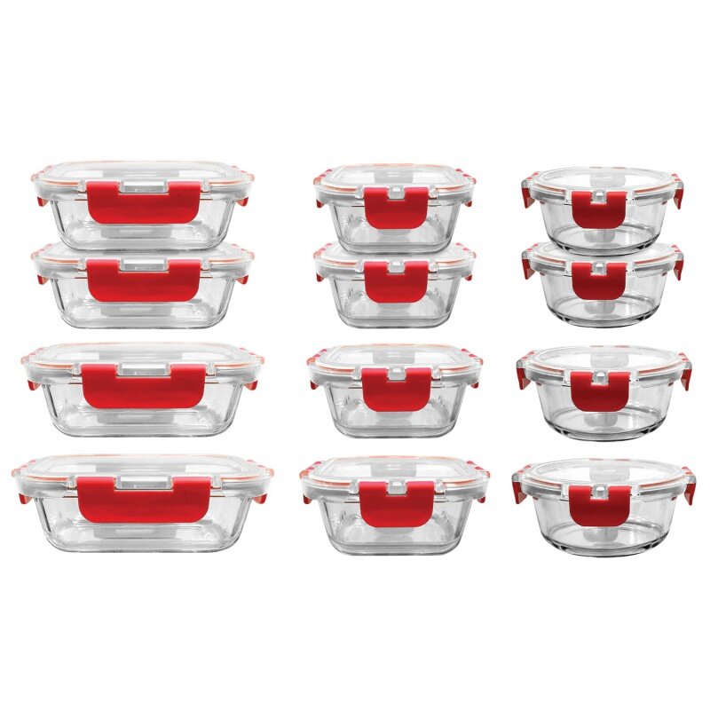 NuTribowf-ロックヒンジ付きガラス食品収納セット、赤い蓋、優れた品質、24個