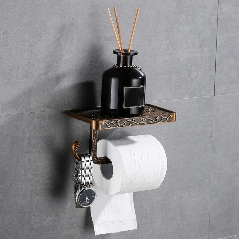 Pemegang gulungan Toilet, dengan penjepit telepon seluler, pemegang gulungan, pemasangan dinding, aksesori kamar mandi