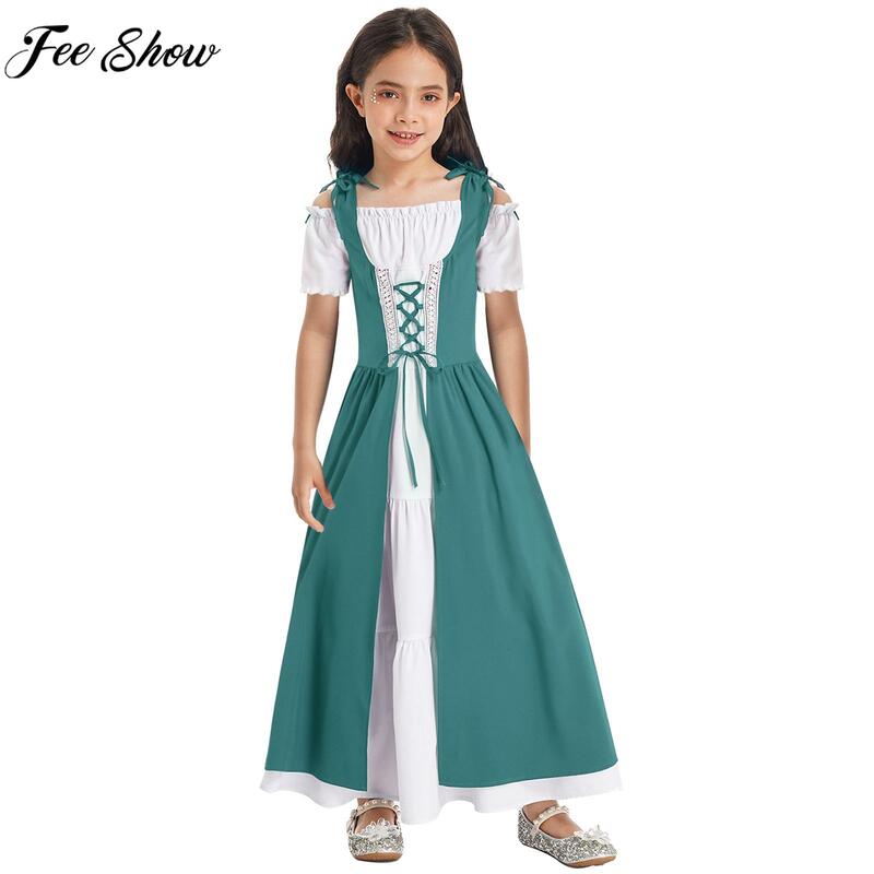 Girls Medieval Renaissance Cosplay Costume Short Sleeve Lace-up Robe Gown Dress for Halloween Victorian Theme Party Performance
