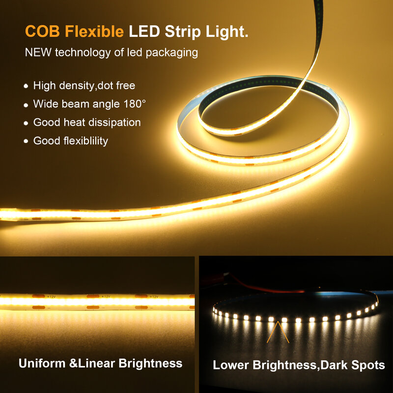 Tira de luces LED COB de alta densidad, cinta Flexible de 12V CC, 24V, 320LED/M, RA90, blanco, rosa, amarillo, azul hielo, Rojo, Verde
