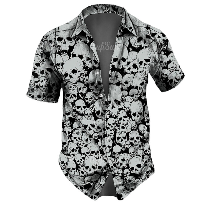 Męskie koszule z 2023 czaszkami w klapie Streetwear koszula Vintage dla mężczyzn Street Hip Hop z krótkim rękawem Top impreza letnia męska hawajskie koszule