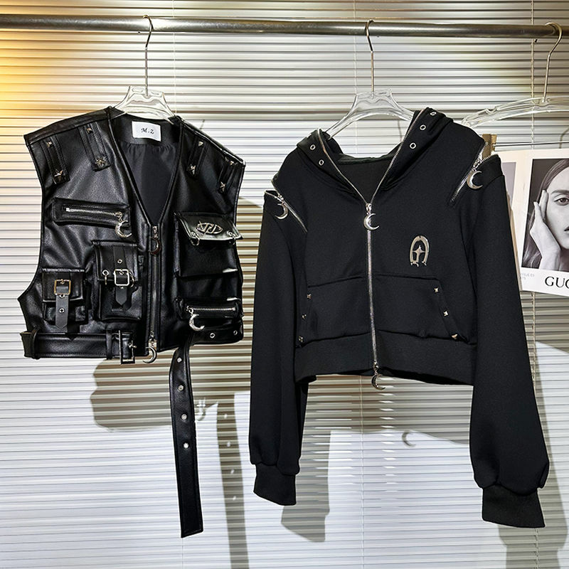 Chaqueta Harajuku de cuero PU con remaches y cremallera para mujer, abrigo con múltiples bolsillos para ropa de trabajo, chaleco, Otoño e Invierno