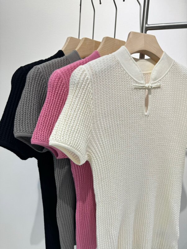 Summer ultra fine wool yarn knitted short sleeved top