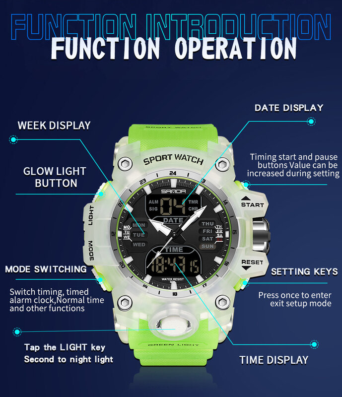 SANDA jam tangan olahraga pria, jam tangan layar ganda tahan air Alarm militer Stopwatch kuarsa Digital 6126